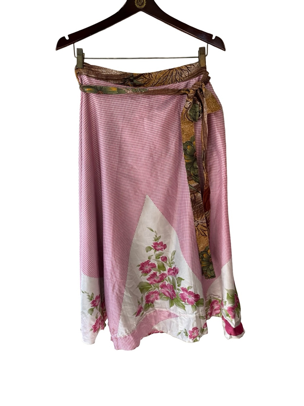 Darn Good Yarn Reversible Sari Silk Pink Floral A-Line Wrap Skirt Size 4-12